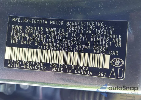 2016 Toyota Corolla S Plus from USA, damaged, VIN 2T1BURHE5GC571744